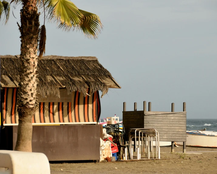 two huts on the beach and water in the background