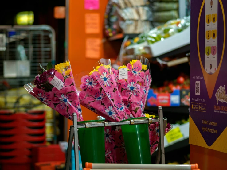 flowers are in a shopping cart on the street