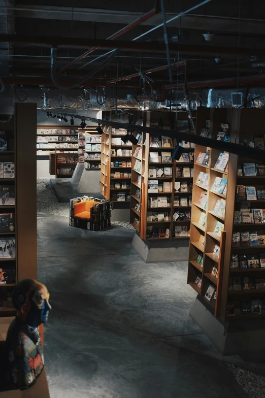 there is a teddy bear sitting inside of this book store