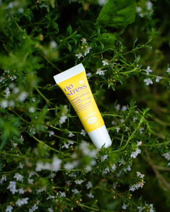 a tube of hand cream sitting in front of some white flowers