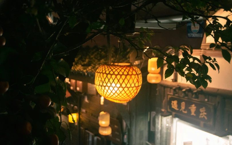 a large amount of lite up lanterns hanging from a tree