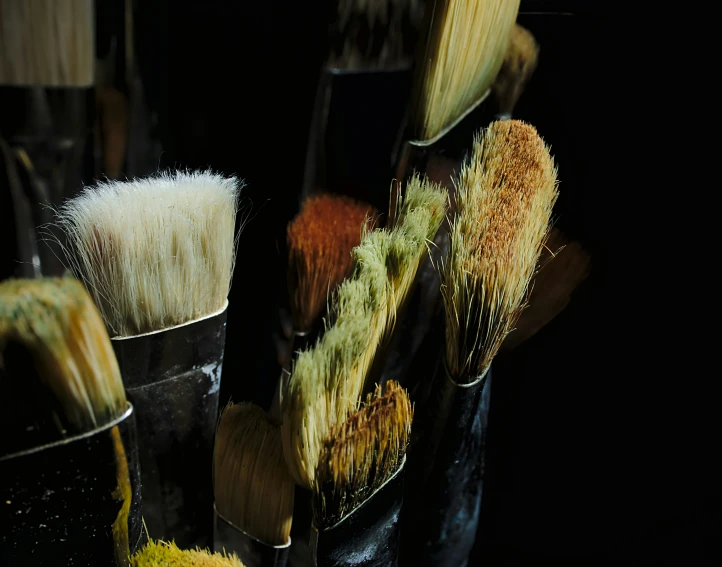 various colored brushes in buckets filled with a black background