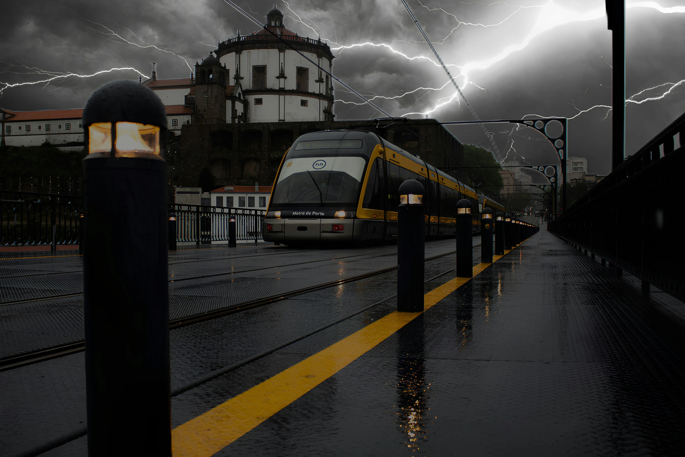 a train pulls into a city under lightning