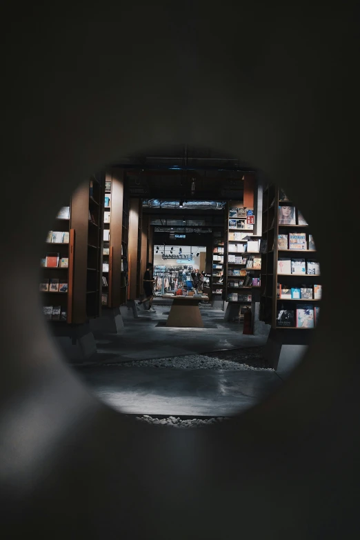 the view of bookshelves is through a magnifying glass