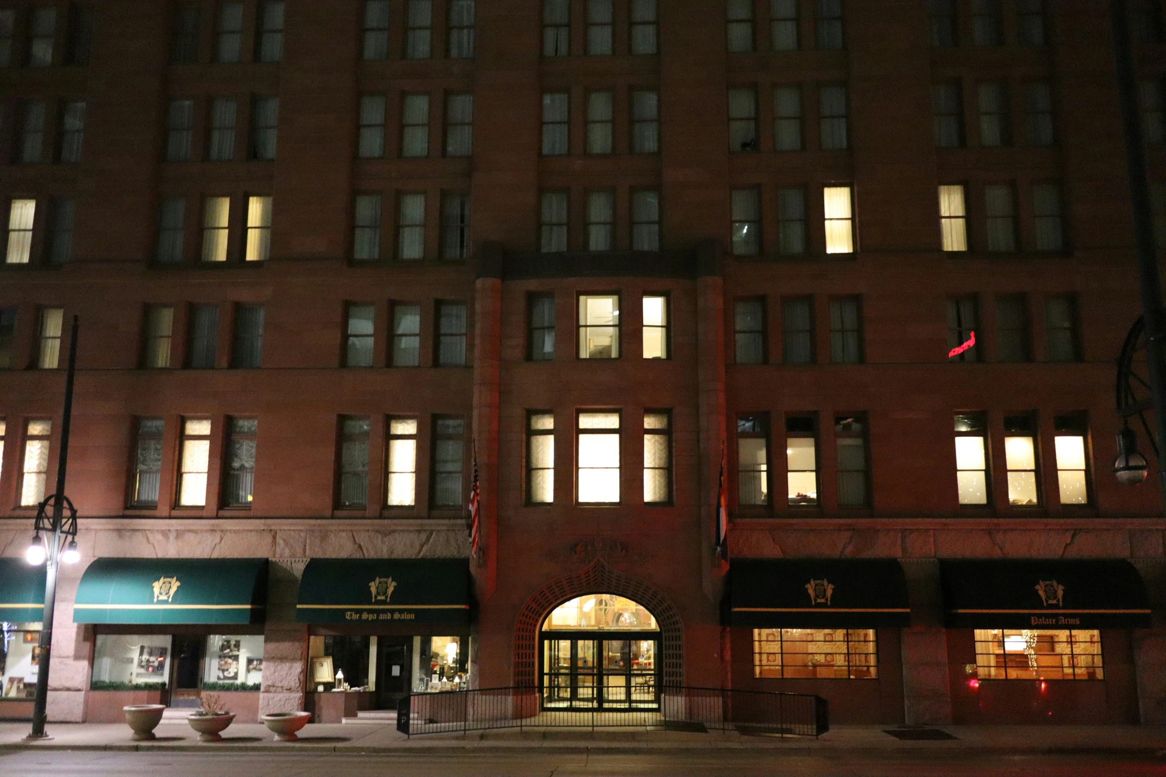 there is an outside view of a building at night