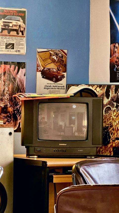 a tv is sitting on a desk in a room