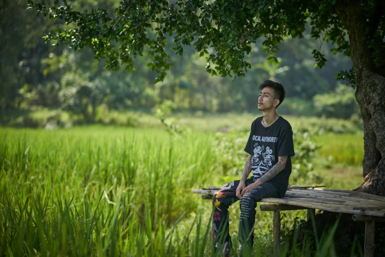 a person sitting on a bench with a tree