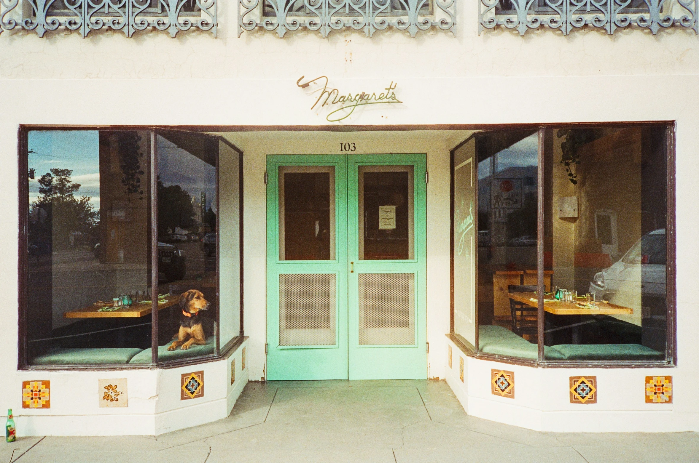 a dog is looking out the window of a restaurant