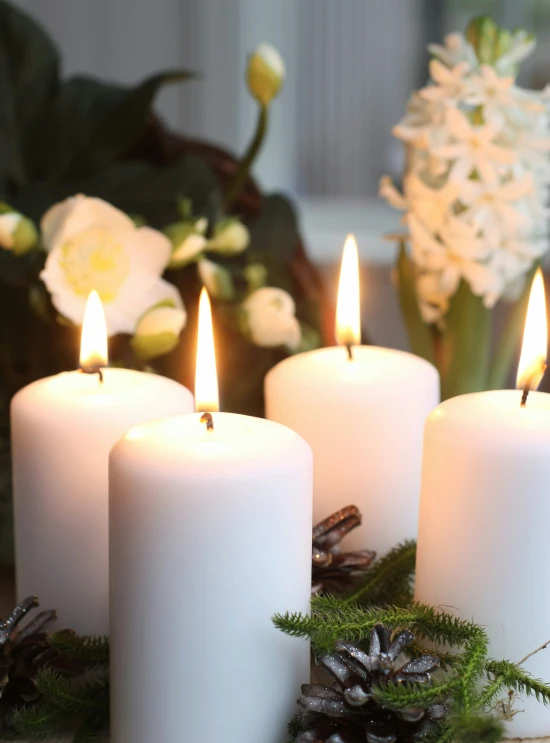 a few white candles are lit next to some pine cones