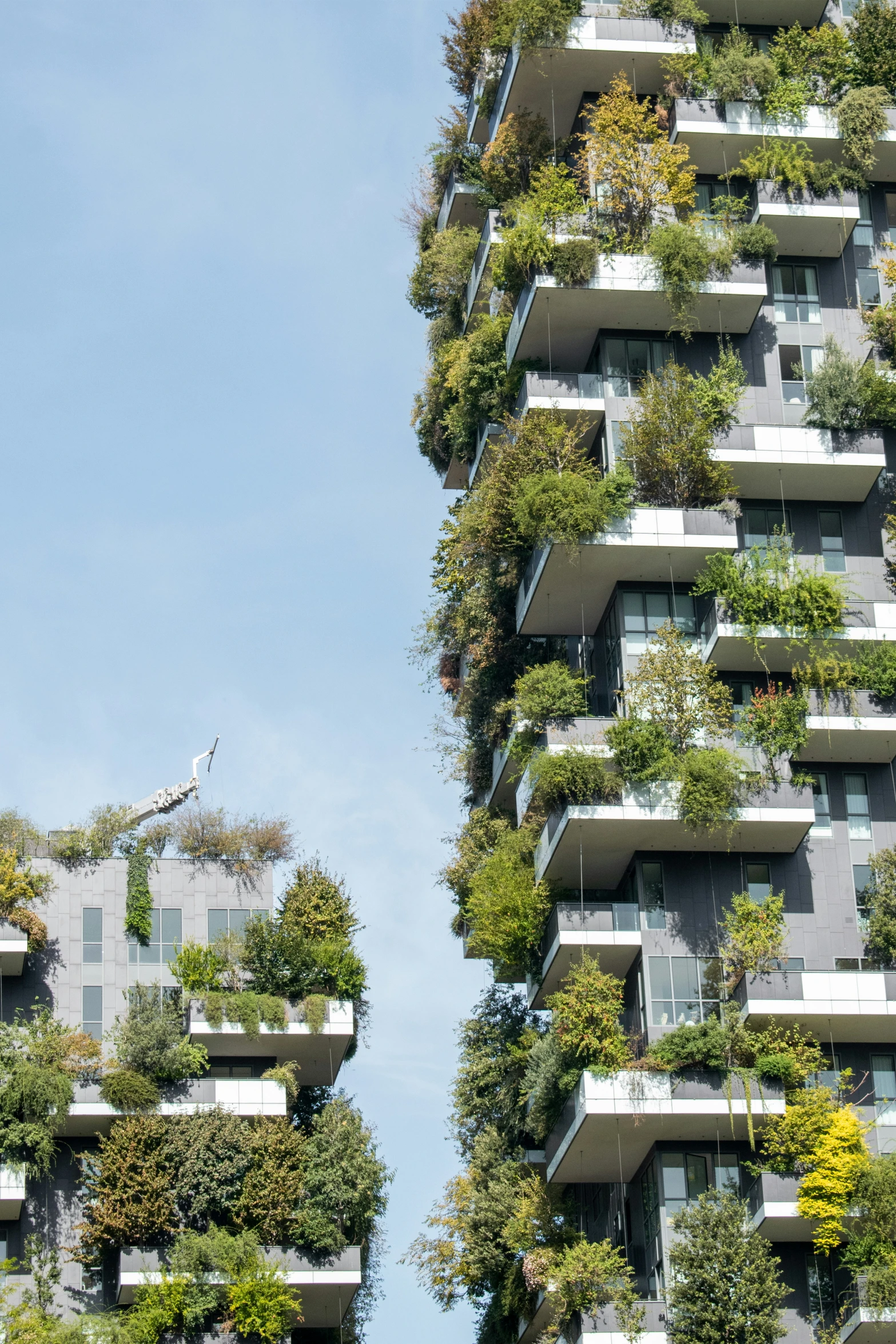 the tall building has a huge balcony garden on it