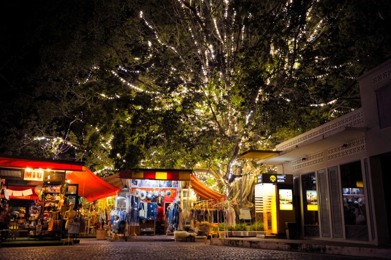 a street scene with many shops in the dark