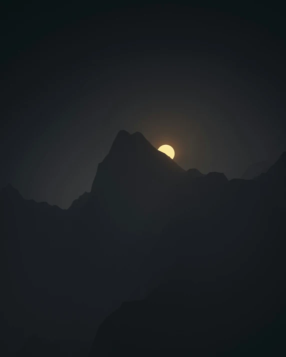 the moon shining through the clouds of a mountain