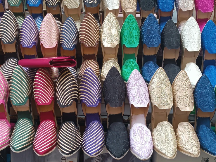 a display of shoes is in the window of a shop