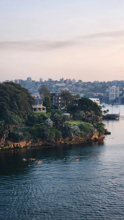 the water has small boats on it and several people paddle them