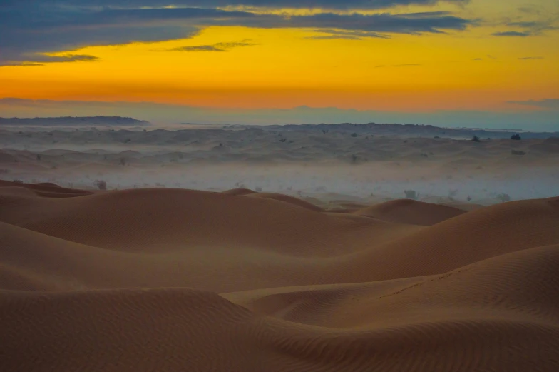 sand dunes covered with fog at sunrise in the desert