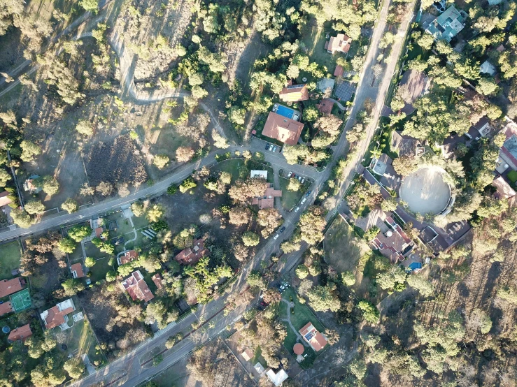 an overhead view of a road and trees in the countryside