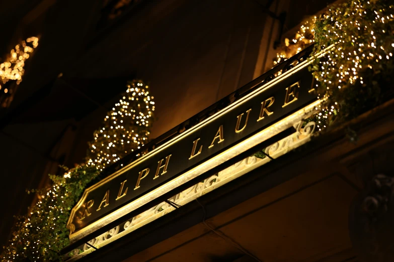 the sign is decorated with lights and leaves