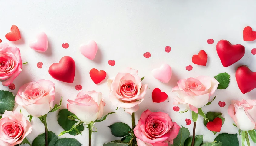 some pink roses are surrounded by small hearts