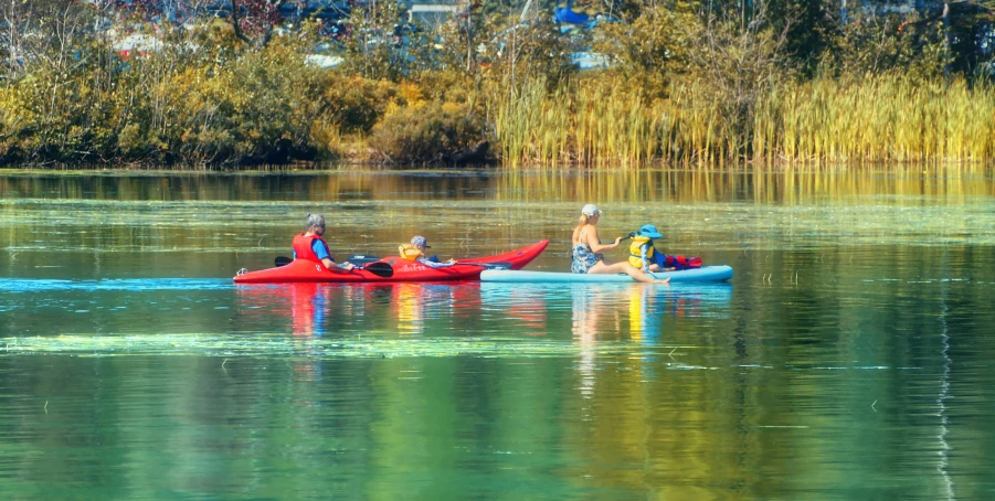 three people in red canoes paddling on the water