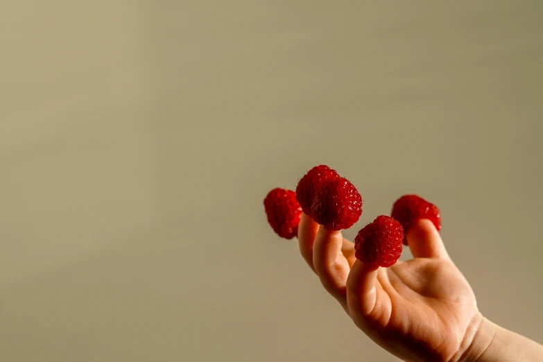 someone is holding raspberries and pointing out their hands