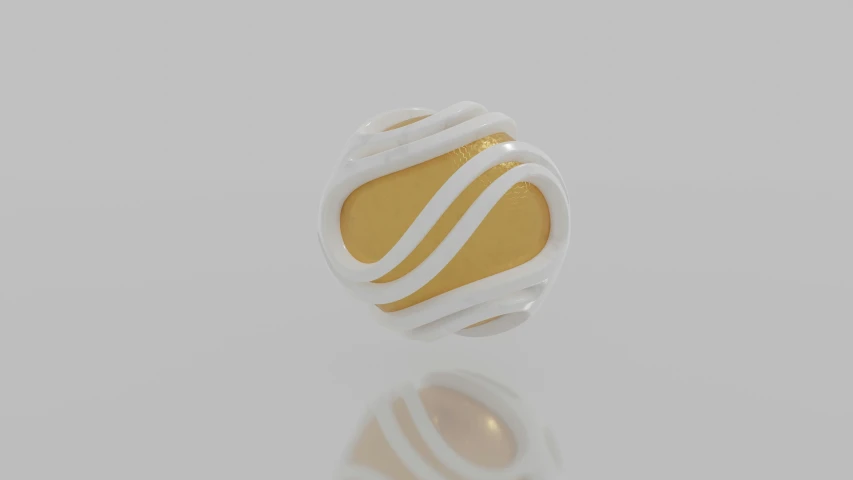 gold and white sphere object sitting in the middle of a mirror