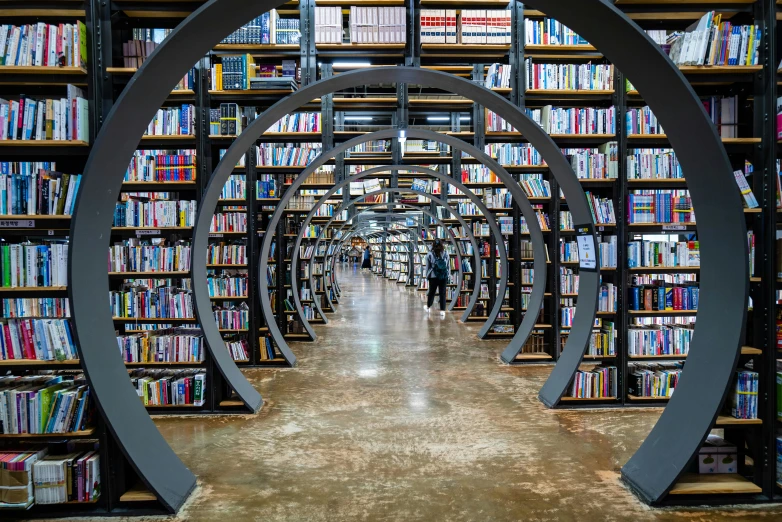 a room with many bookcases and shelves full of books