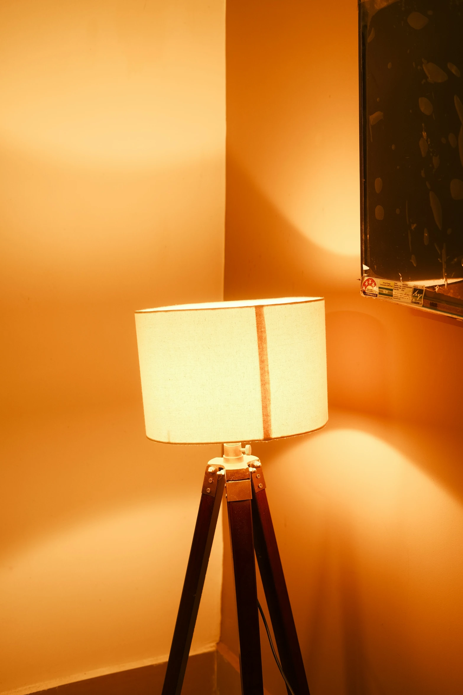 a lamp with a small white shade on the floor in front of a light