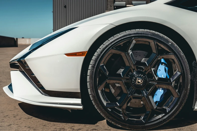 the front wheels on a white sports car