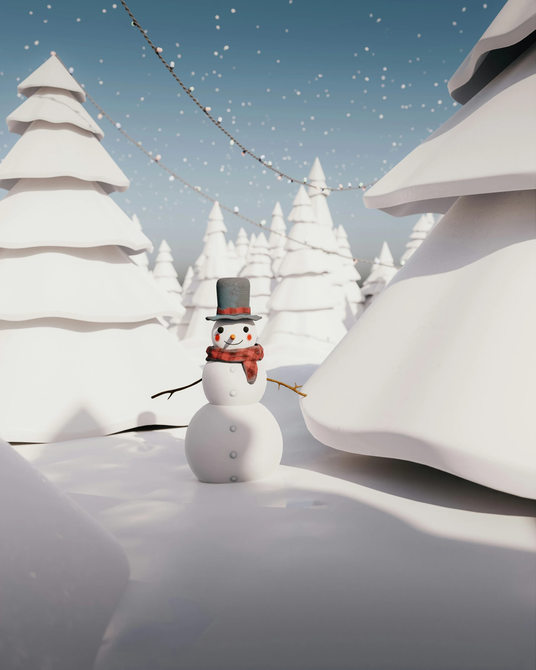 a cartoon snowman standing in a snowy landscape