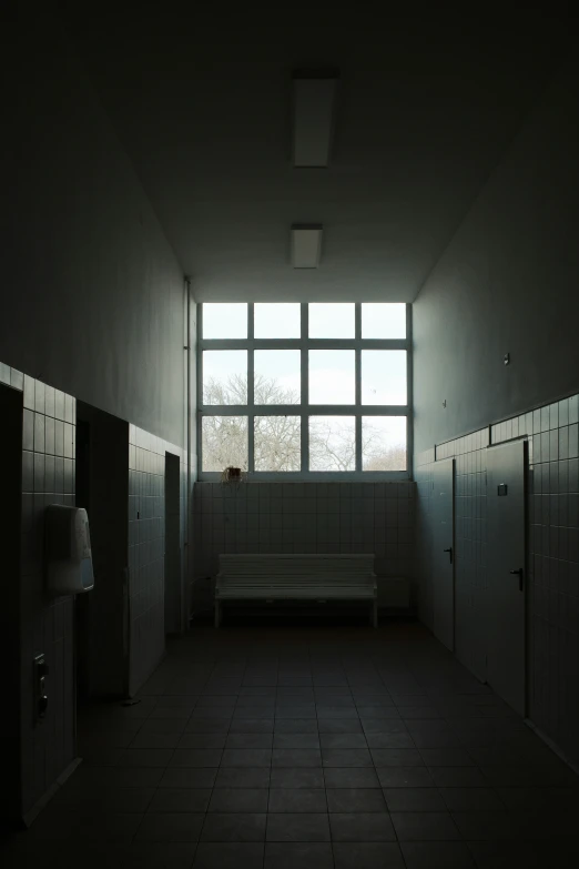 a room with stalls, toilet and windows with light from the window