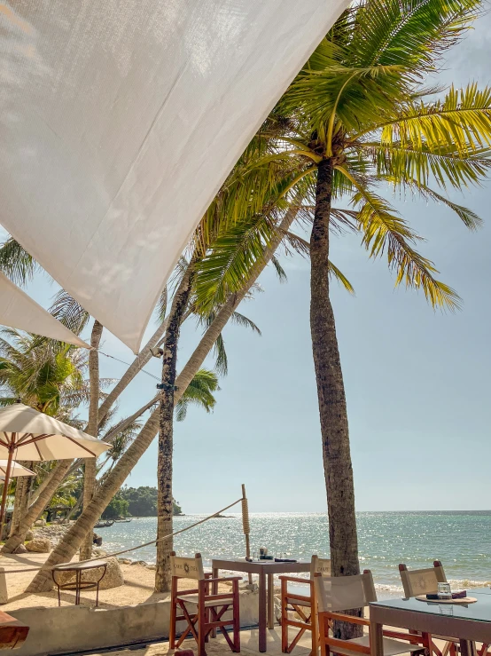 the beach has several chairs under a canopy