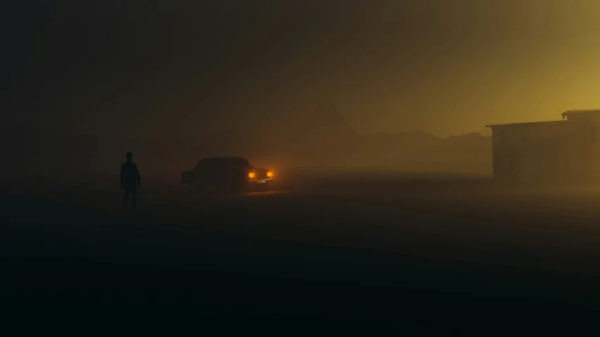 a street at night with a person on a vehicle and buildings in the fog