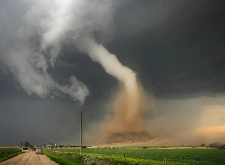 a very tall cloud towering over a country road