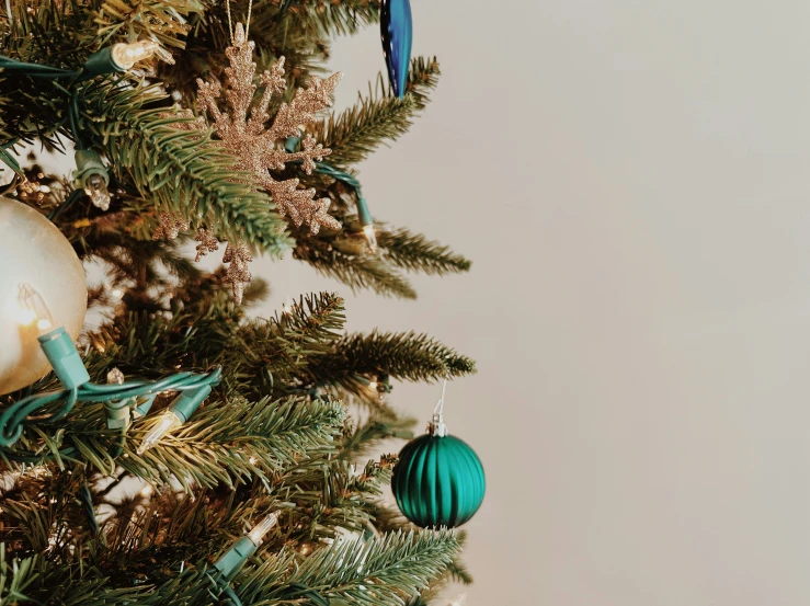 ornaments are hanging from a pine tree