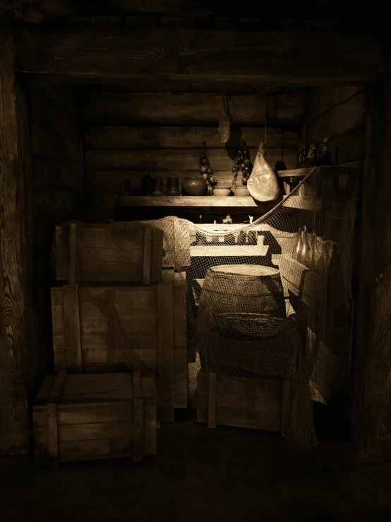 a dark room with some books and other items