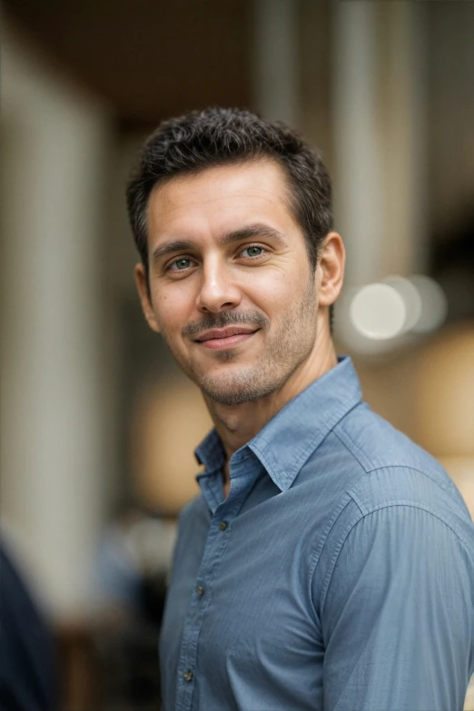 a smiling man in shirt and short jeans looking at the camera