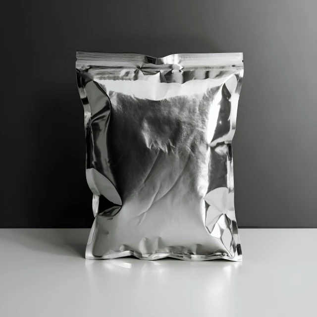 a silver bag filled with soing shiny silver