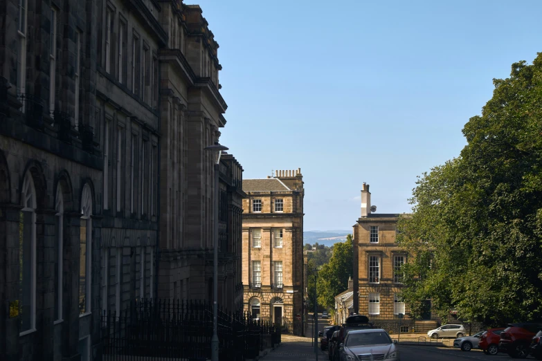 the buildings on the side are brown and beige