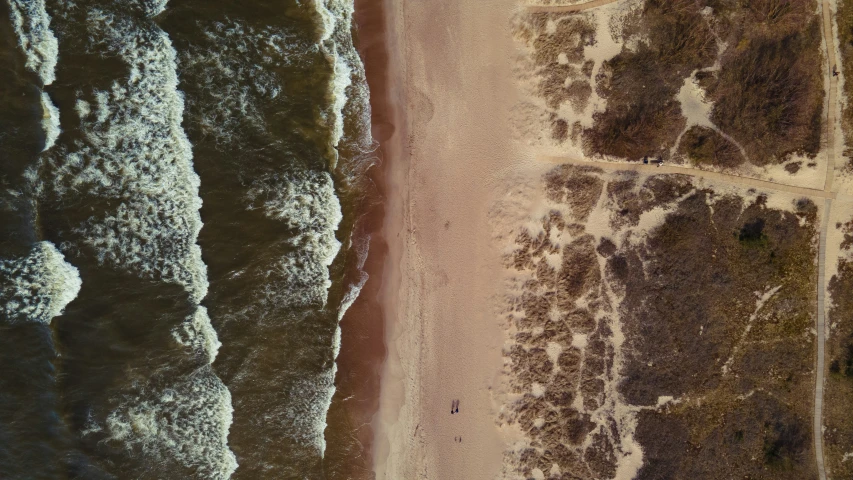 two beach areas, one green and one brown with blue water