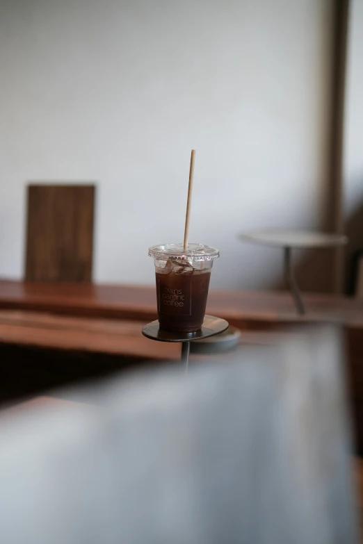 a coffee drink with ice and brown straw