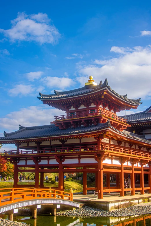 a pagoda sits among the surrounding trees and water