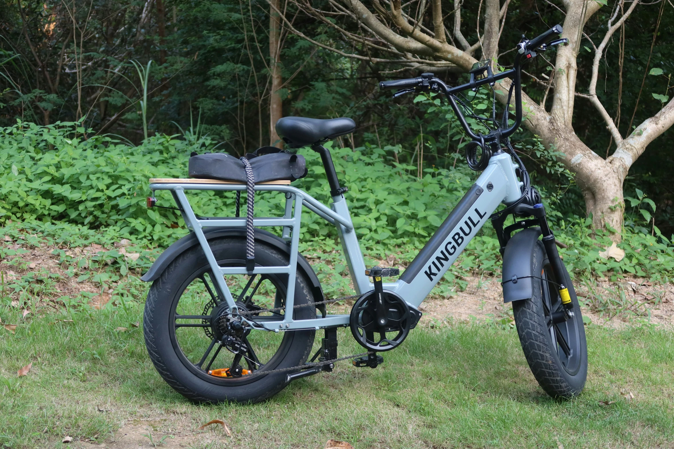 a bicycle sits parked on the side of a path