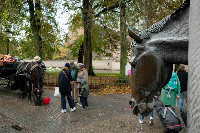 a black horse standing on a street with people around it