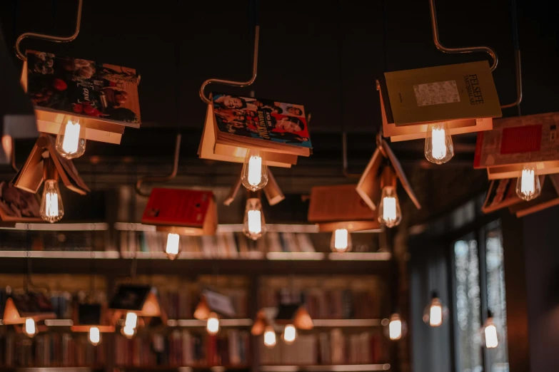 a room filled with lots of lights and books