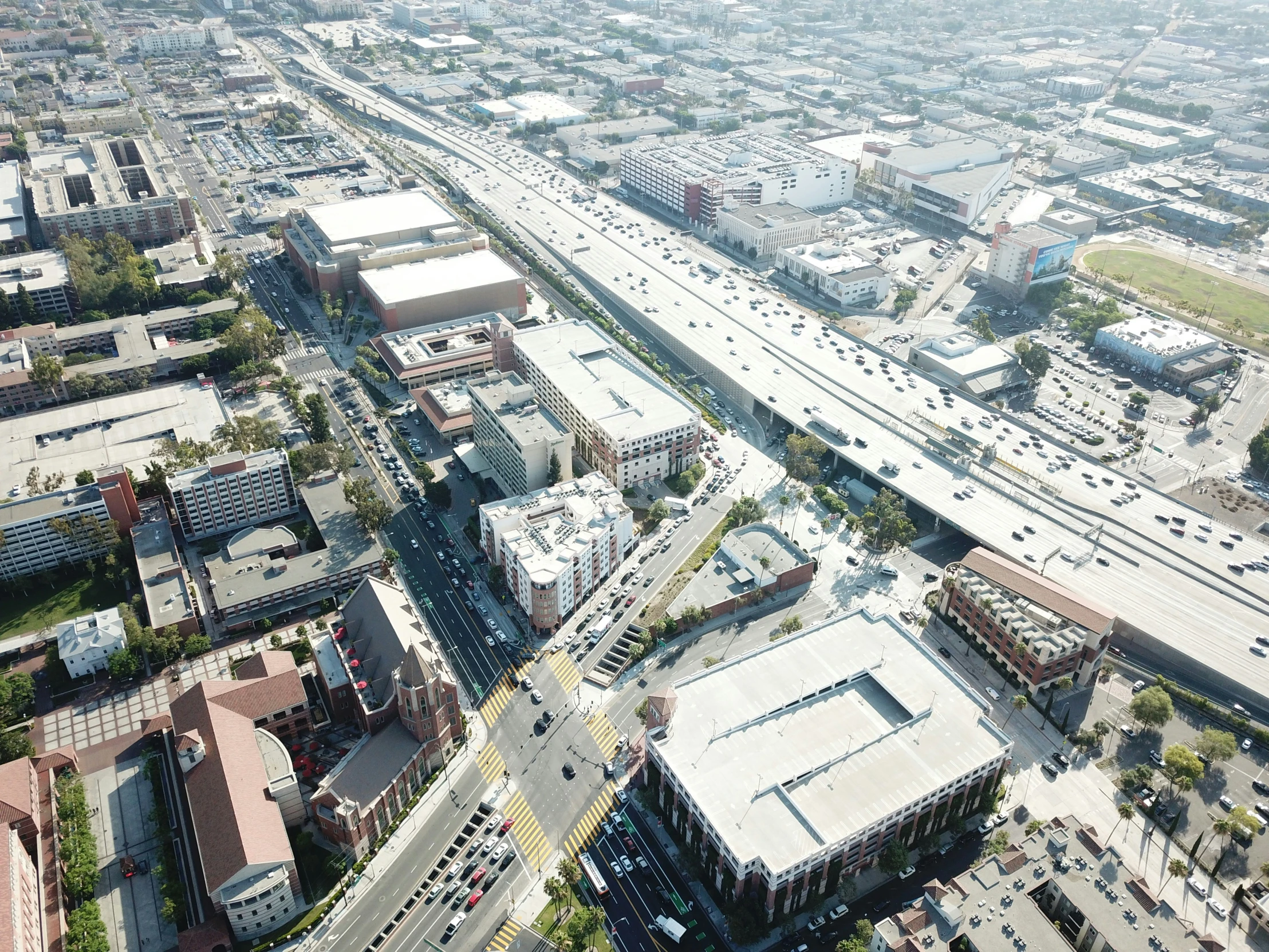 an aerial view shows a busy freeway from the top of the tower