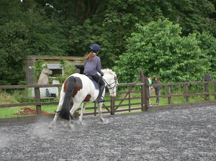 woman riding white and black horse on dirt path