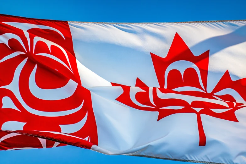 a close up of a canadian flag against the blue sky