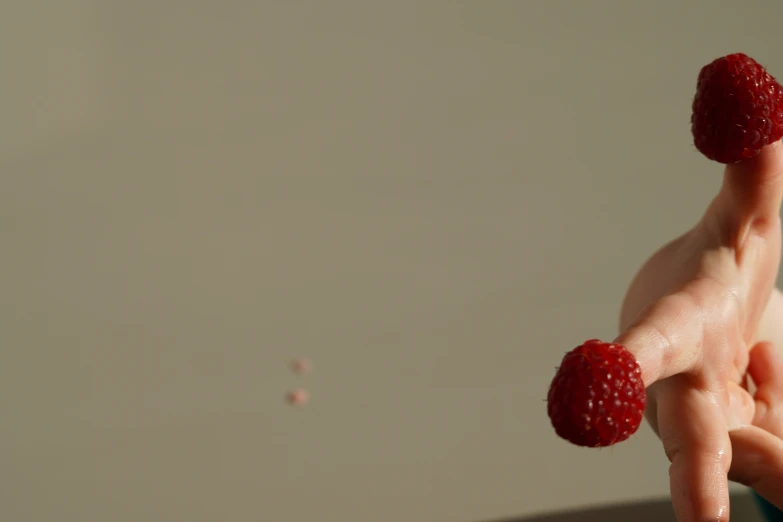 someone holding their hands out to eat raspberries