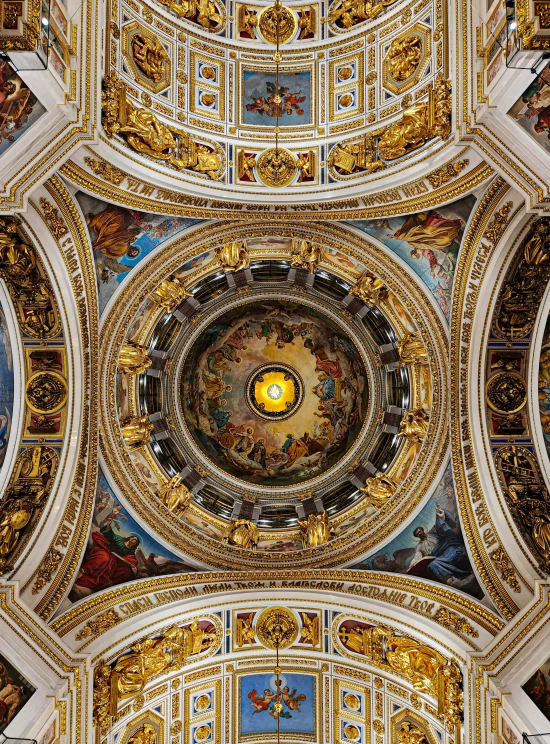 a room with gold and blue designs and a dome