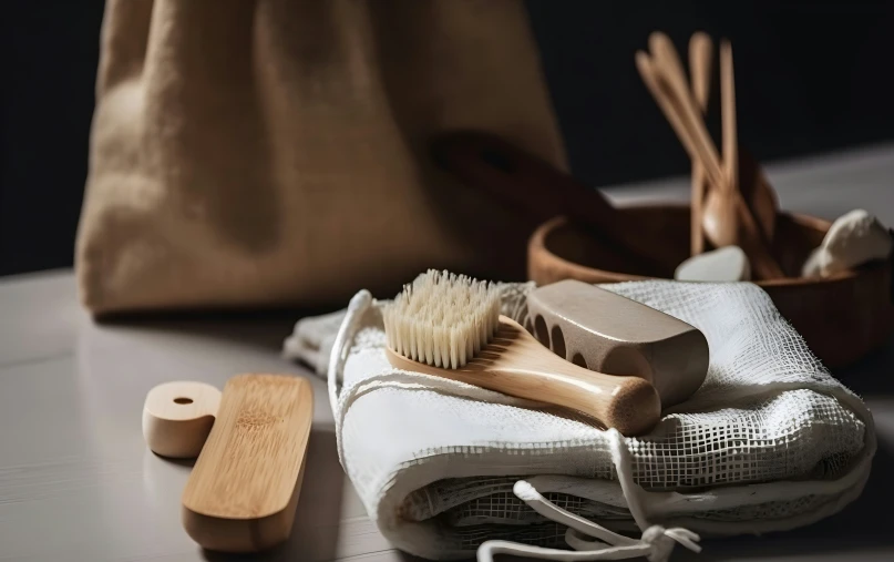 a brush and other items on top of a white table